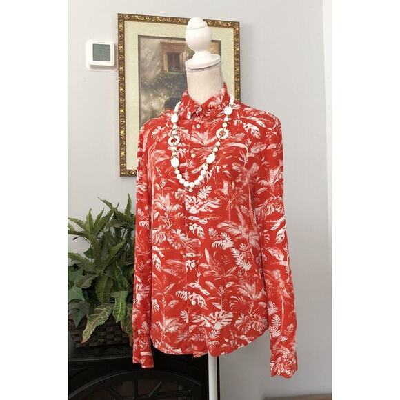 H&M US CA Women Petite Small Vintage Hawaiian Orange Print Bottom Up Shirt - Picture 2 of 13